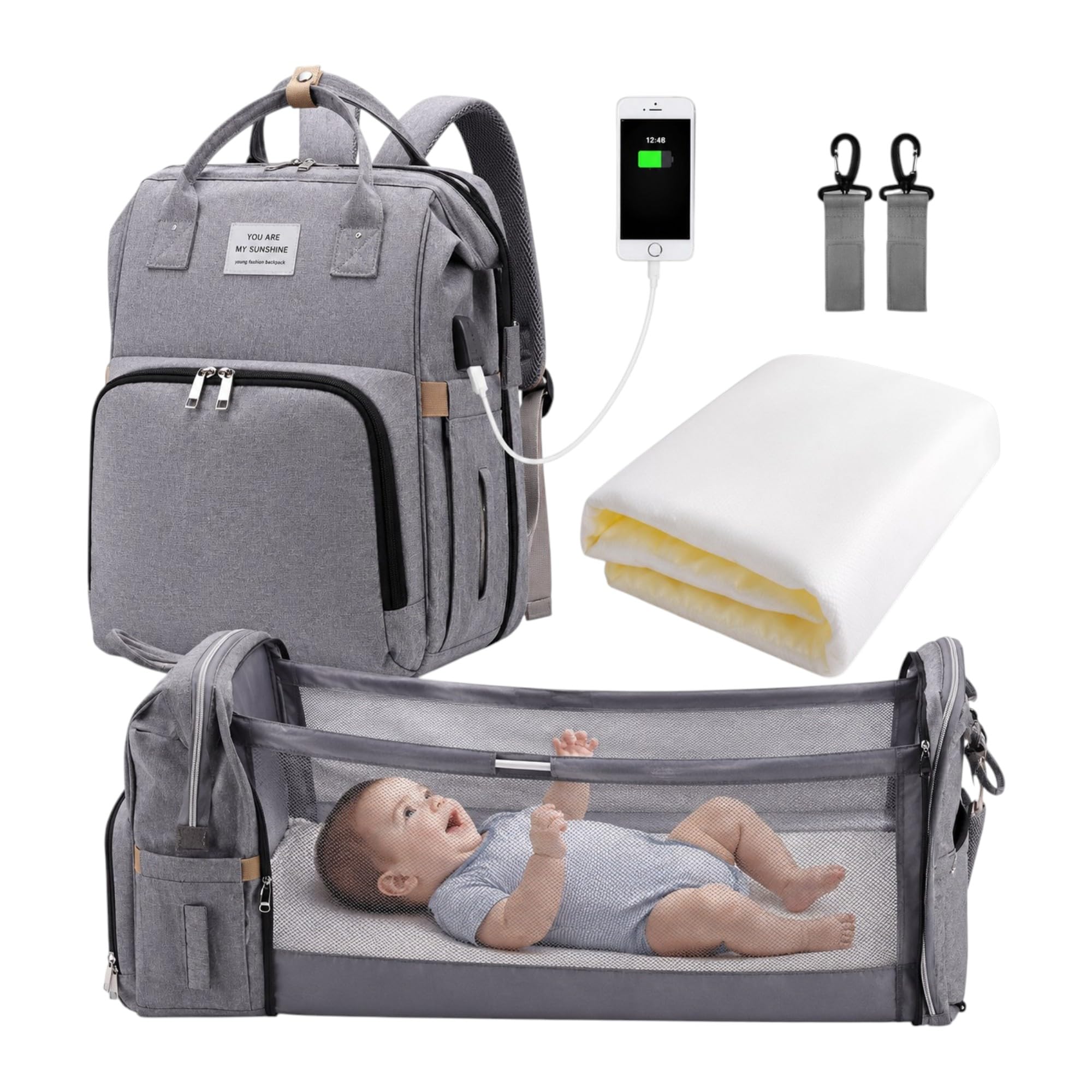 Genérico Mochila de Maternidad con Cuna Portátil Integrada, Bolsa Pañalera Multifuncional Impermeable para Viaje, Gran Capacidad, Organizador Bebé con USB y Cambiador para Mamá y Papá, Gris