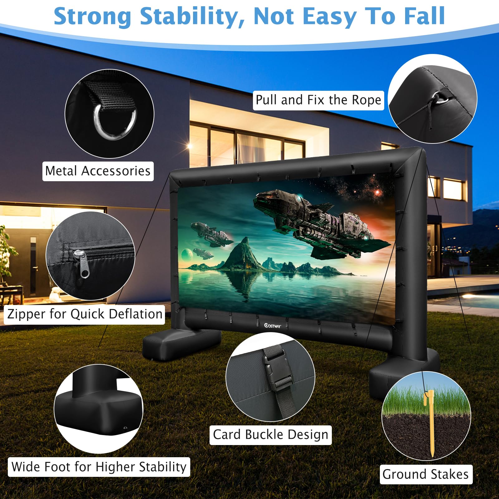 GOPLUS Ecran Gonflable Exterieur 4/4,5/5 m, Écran Geant Gonflable Videoprojecteur Projection Cinema avec Ventilateur, Sac Rangement, Piquets Sol, Installation Facile, Double Face (317 x 179 cm)