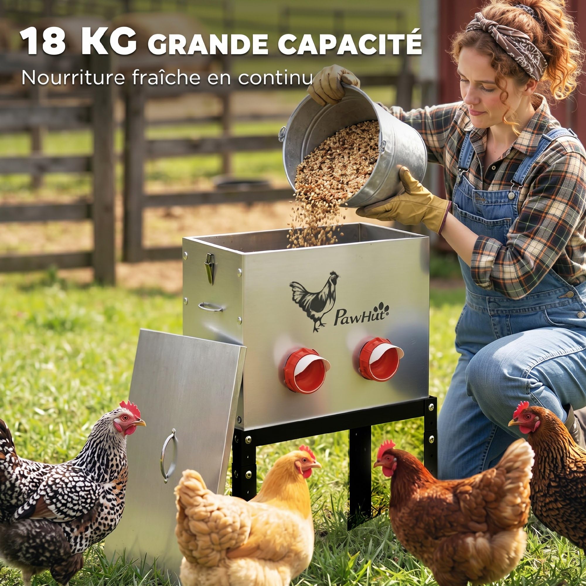PawHut Mangeoire Automatique à Poulet 27 L en Acier Galvanisé, 6 Ports, Couvercle Verrouillable, Hauteur Reglable, Anti-Gaspillage, Grande Mangeoire pour Poules Canards, Argent