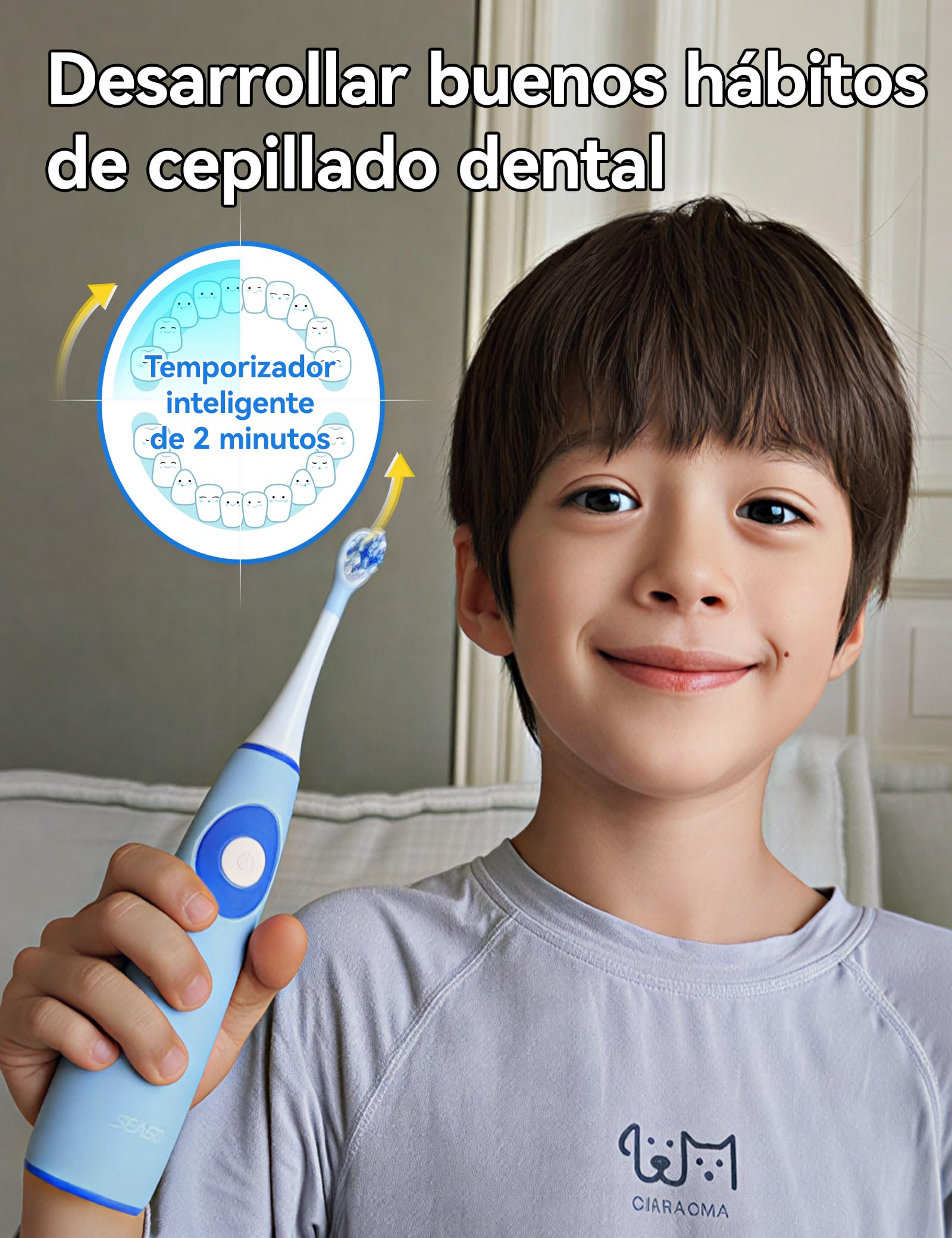 Seago Cepillo de dientes eléctrico para niños de 5 a 8 años, Cepillo de dientes eléctrico infantil con estación de carga, libre de BPA, mango antideslizante de silicona apta para alimentos(Azul)
