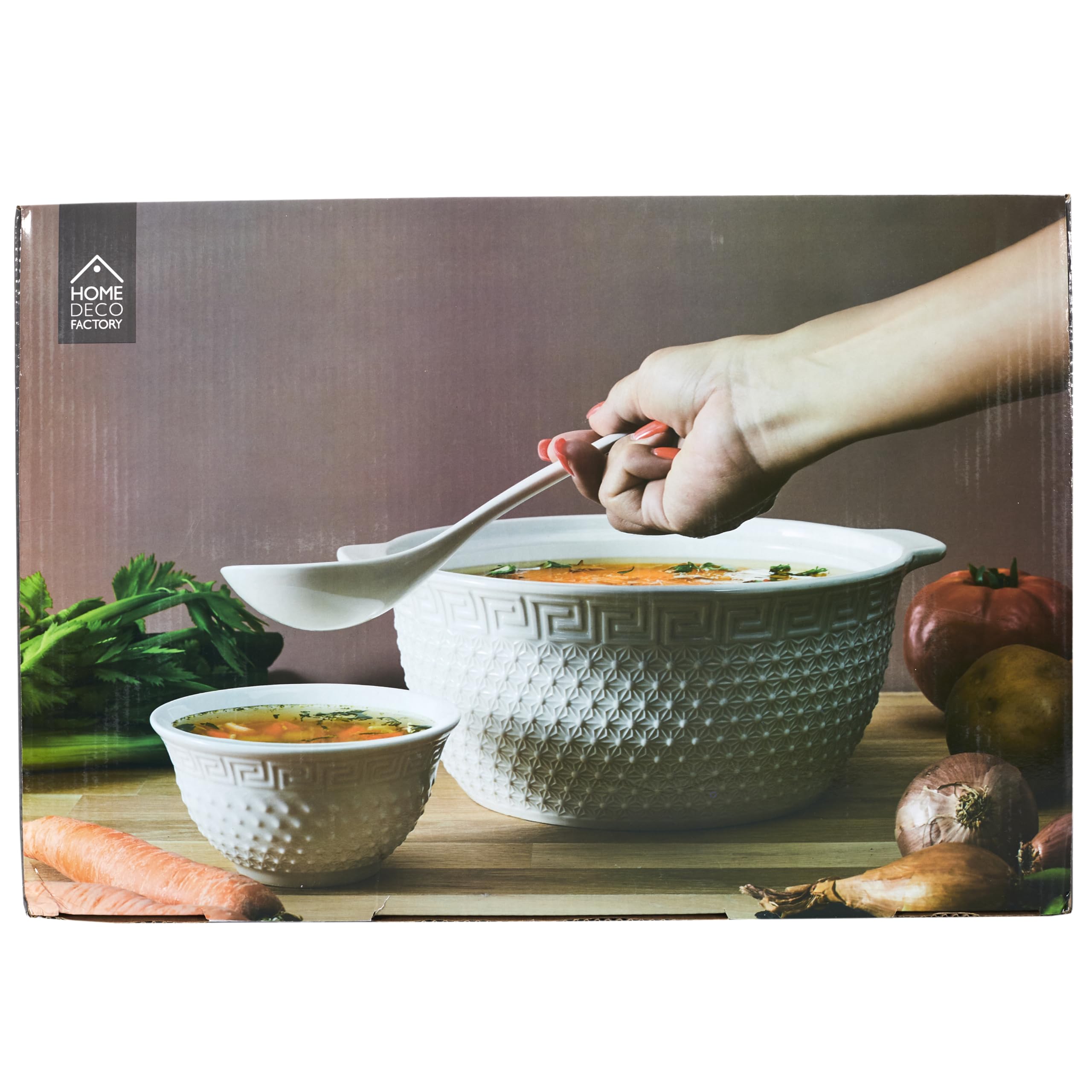 HOME DECO FACTORY - KA0279 Juego de Sopa 9 Piezas Porcelana - Sopera 2.7L, Cucharón, 6 Tazones - Diseño Elegante - Ideal para Cenas y Recepciones - Blanco - Tamaño Estándar