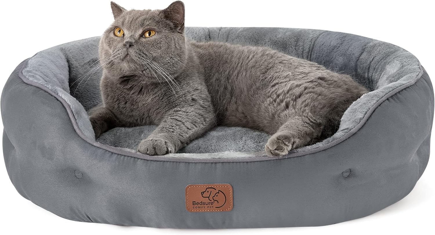 Bedsure Dog Beds for Small Dogs - Round Cat Beds for Indoor Cats, Washable Pet Bed for Puppy and Kitten with Slip-Resistant Bottom, 25 Inches, Grey 25.0"L x 21.0"W x 8.0"Th Grey