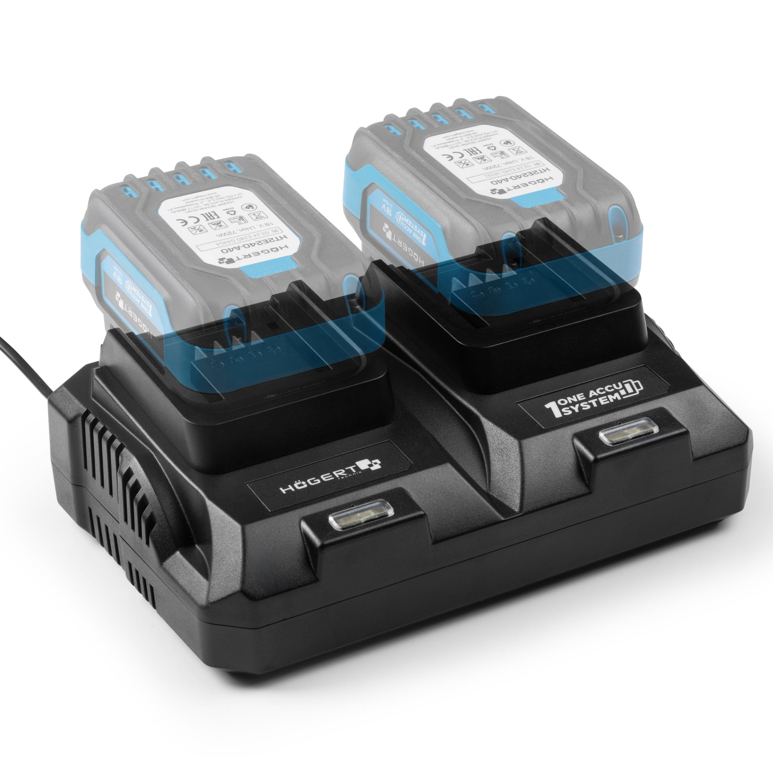 HÖGERT Technik - Doppio caricatore a batteria da 18 V Duo 8 A per utensili elettrici, caricatore rapido con due porte di ricarica, elettronica intelligente, indicatore LED e ventola attiva
