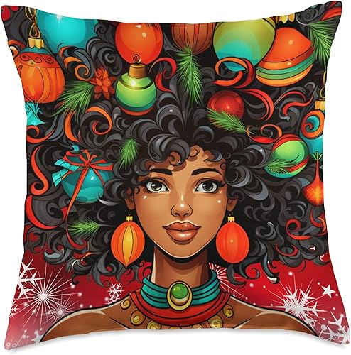 Black women Christmas ornament melanin curly hair Melanin Christmas Queen Xmas Black Girl Magic Ornament Throw Pillow, 18x18, Multicolor