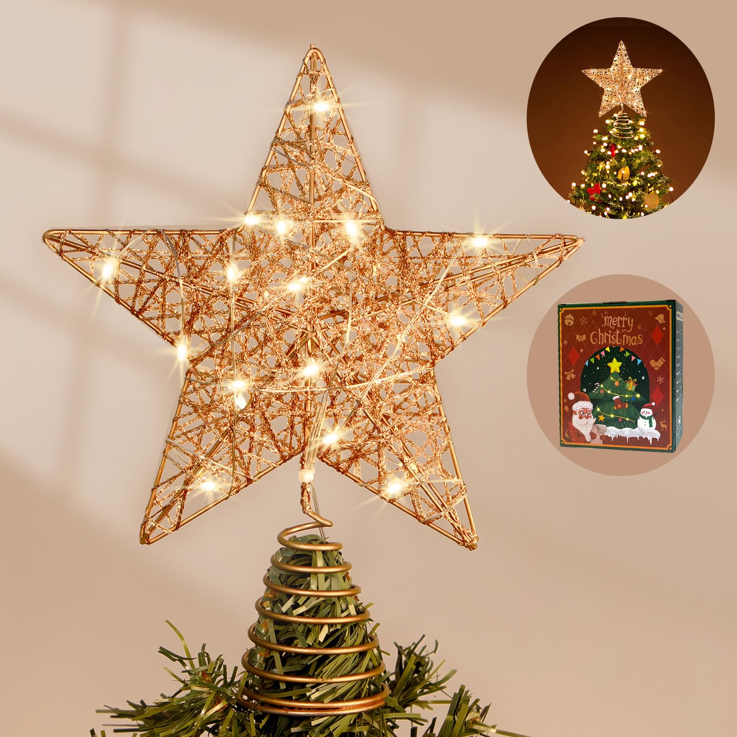 Amosfun Puntale A Stella Per Albero Di Natale 25cm – Decorazione Glitter Rosa Oro
