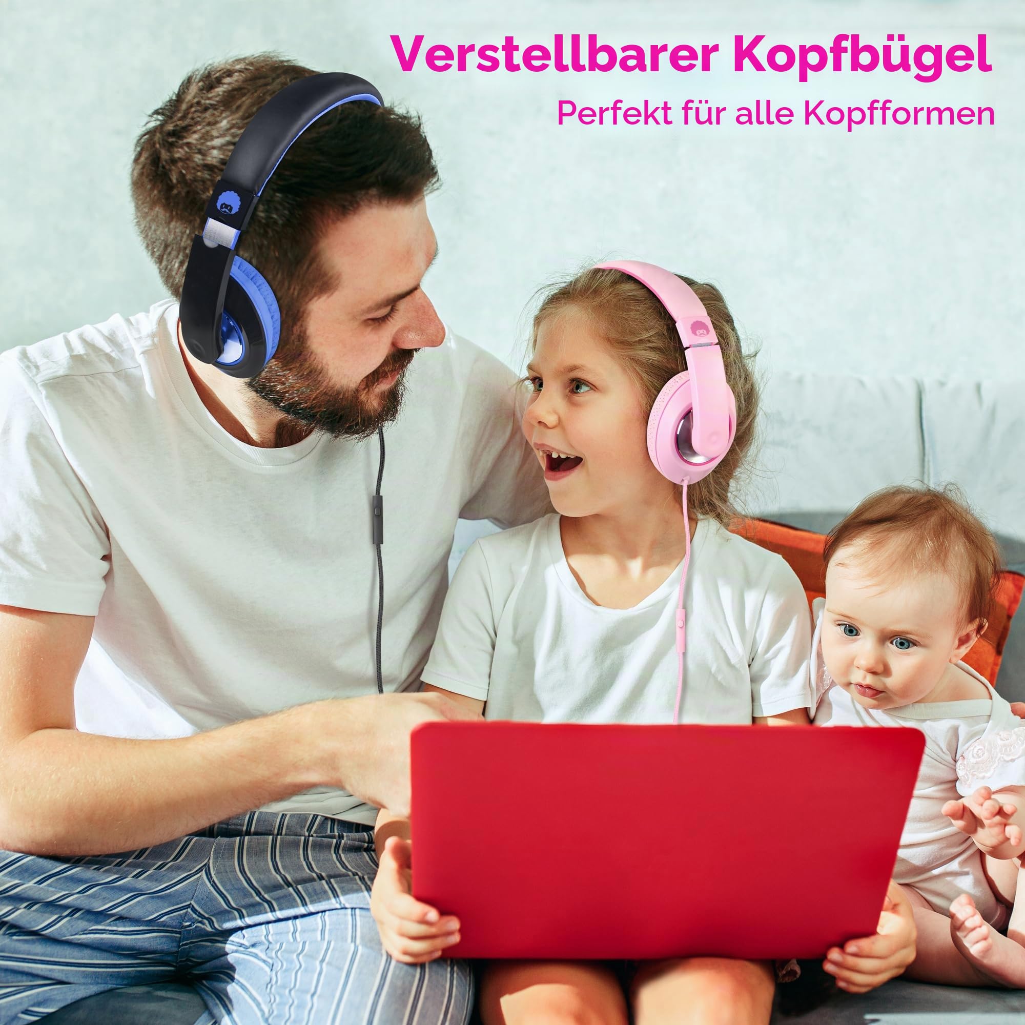 RockPapa Comfort+ Kinder Kopfhörer für Schule Jungen, Kopfhörer Kinder mit Kabel, Einstellbar, Lautstärkeregler, 3,5 mm Jack, HD-Mikrofon, Over Ear Kinderkopfhörer für Schule/Reise/PC, Rosa