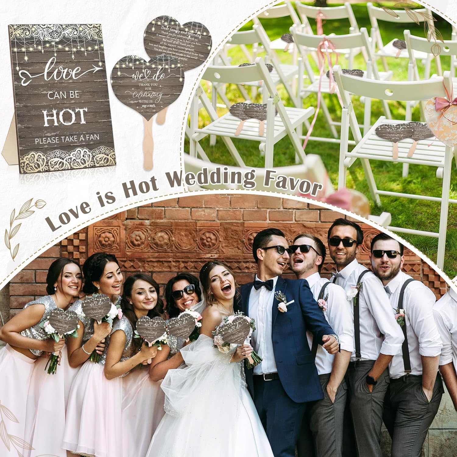 100 Pcs Wedding Fans for Guest and 1 PC Love is Hot Sign Wooden Wedding Table Sign Handheld Paper Heart Shape Fans with Wood Handle Bridal Shower Favor(Wood String Light)