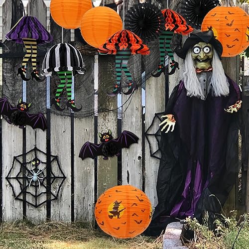 Miniatura 3 de PAPER FAIR 12 linternas de papel colgantes en 3D de Halloween, decoración de papel, bruja fantasma, araña, calabaza. Faroles de papel redondos