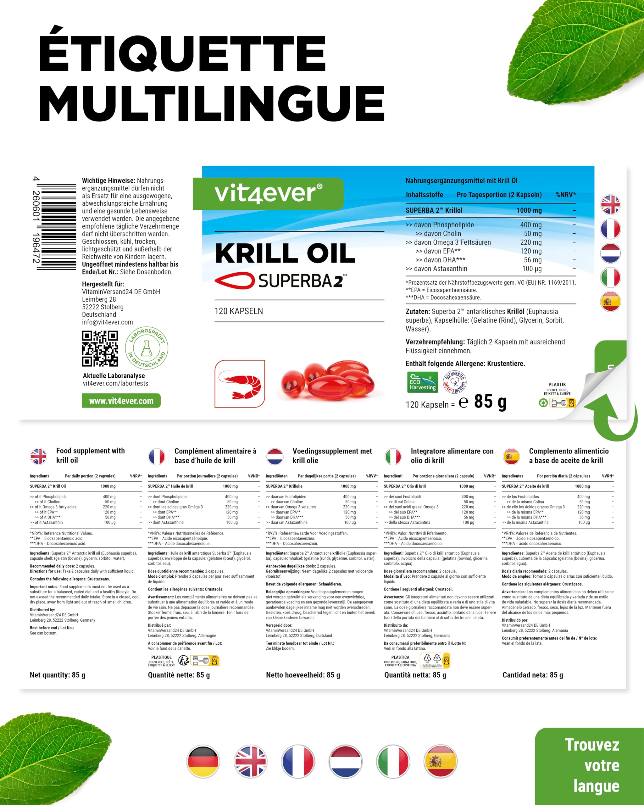 Huile de Krill - 120 Capsules - Premium : Huile de Krill de l'Antarctique Superba - Riche en EPA + DHA + Astaxanthine + Phospholipides + Acides Gras Oméga 3 - De Culture Durable