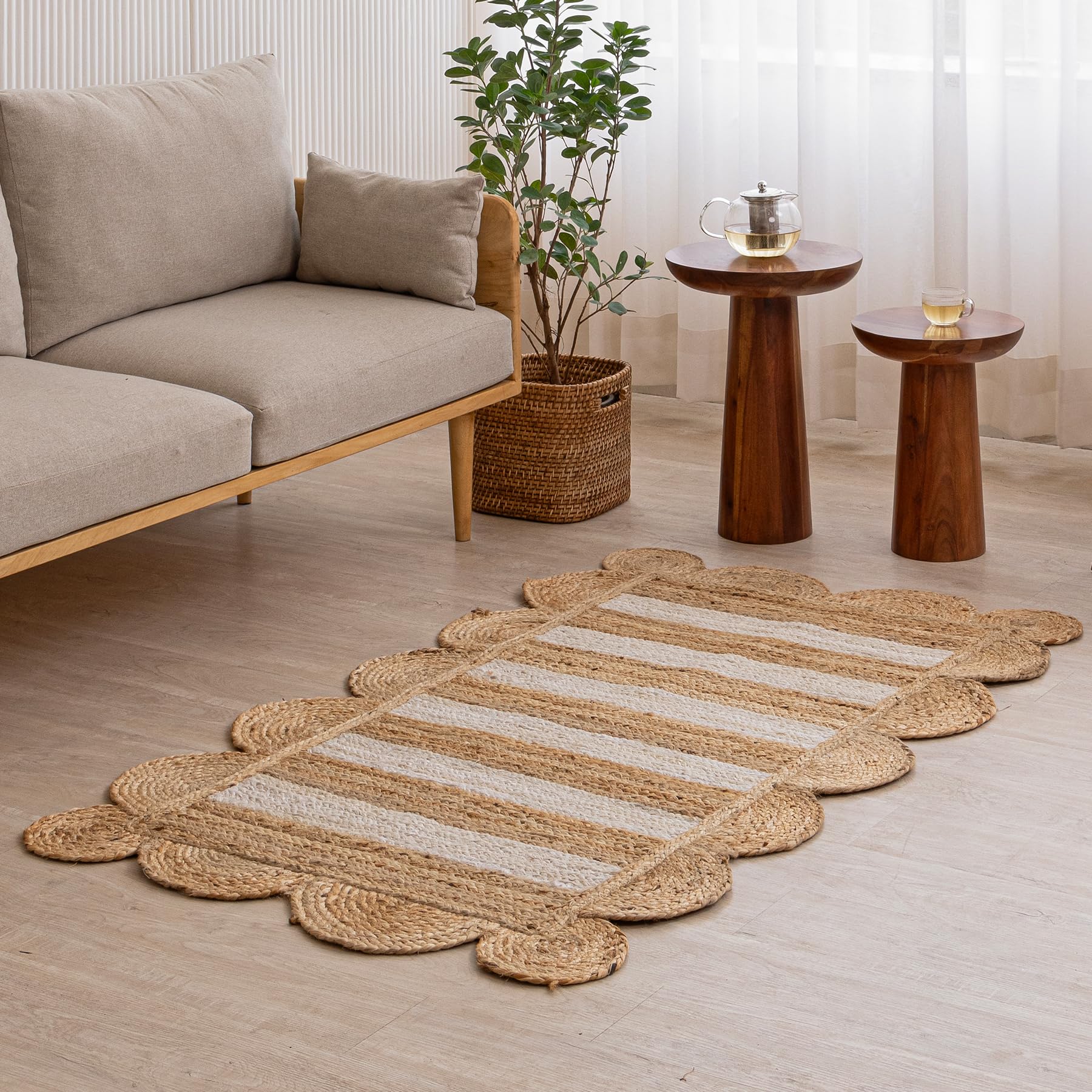 Alfombra de yute natural para pasillos y entradas acogedoras con rayas blancas Aizza Trends