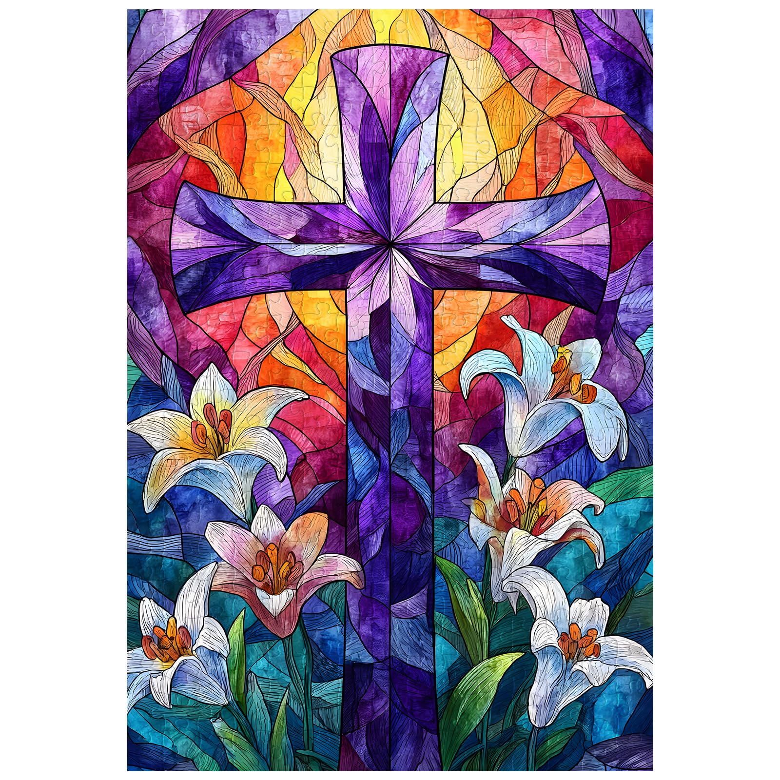 Great Jigsaw Puzzles for Adults 300 Pieces Stained Glass Cross Lily Challenging Puzzles for Adults Gift for Friends Family Home Decoration Puzzle