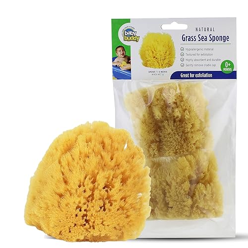 Miniatura 7 de Baby Buddy Esponja de mar de hierba natural, esponja corporal texturizada para exfoliación, funciona para gorra de cuna, amarillo, 4 pulgadas, 1
