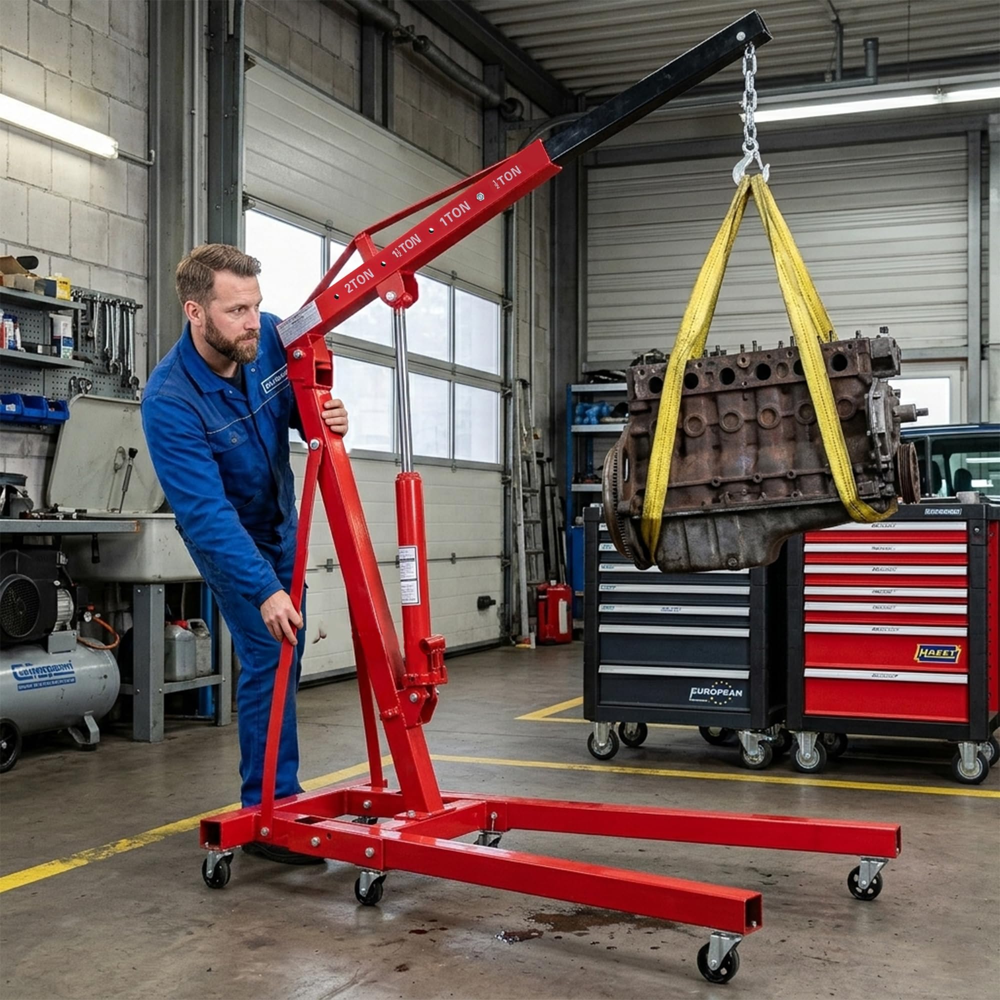Sollevatore motore 2T con braccio telescopico pieghevole, gru idraulica da officina per garage e officina, rosso