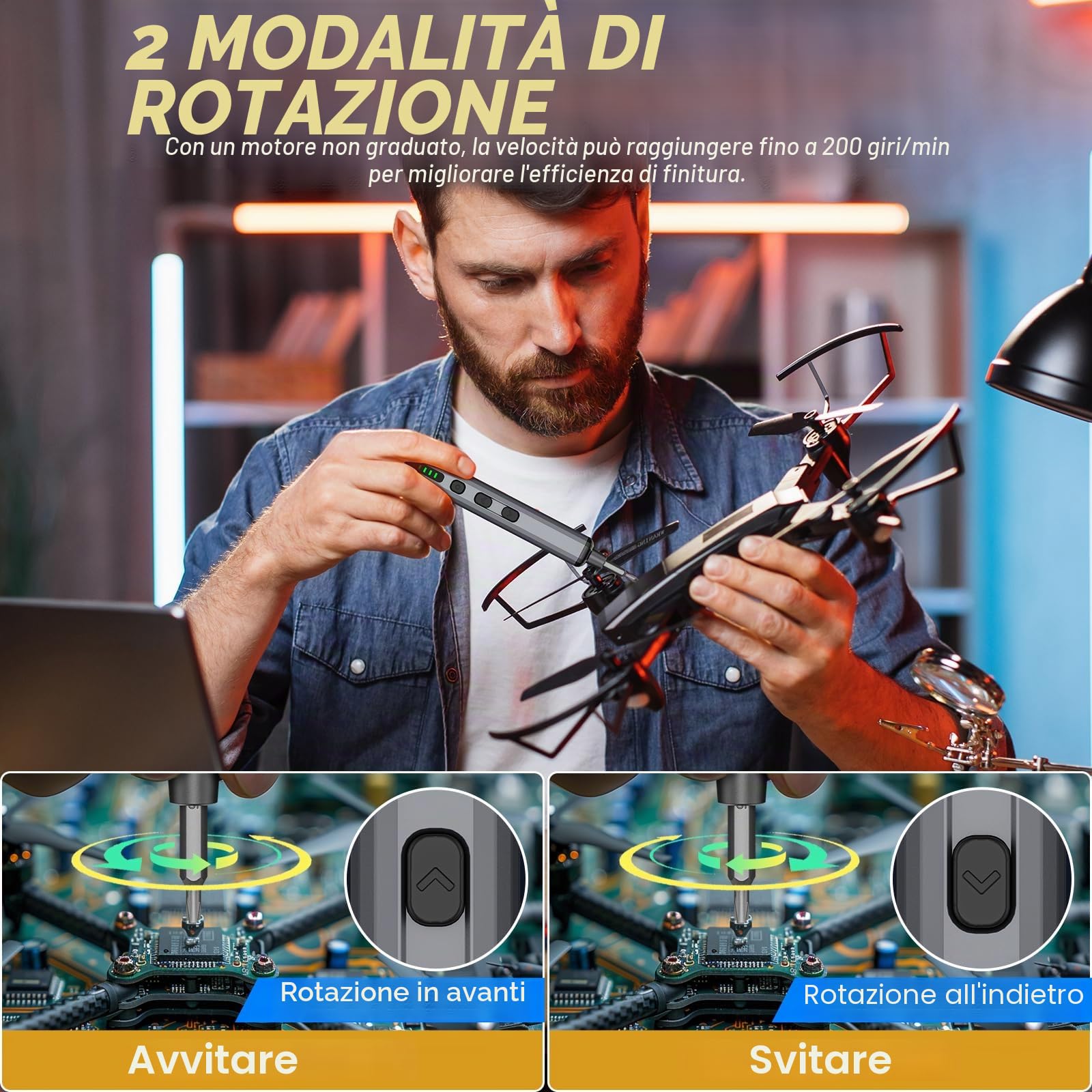 Mini Cacciavite Elettrico di Precisione 72 in 1 - A Batteria Con 5 Marce, Magnetico per Occhiali, Orologio, Cellulare, Riparazione Portatile