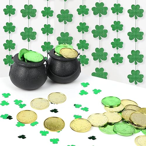 Miniatura 7 de LOMIMOS Decoraciones de mesa del día de San Patricio, 120 monedas de plástico de buena suerte y trébol de trébol de 1 onza de confeti para