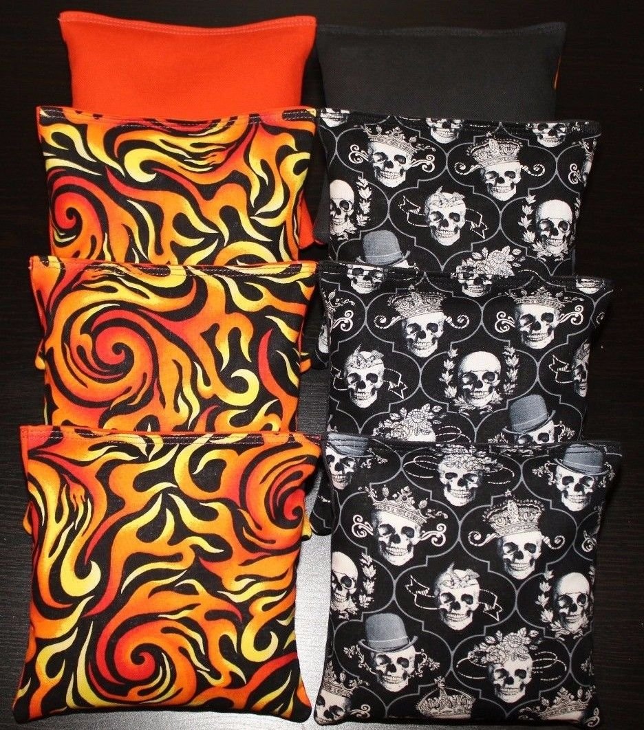 BackYardGamesUSA Flames & Skulls Cornhole Bean Bags 8 ACA Regulation Harley Orange & Black Bags
