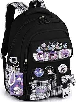 Backpack for Girls with Accessories - Anime Schoolbag Cartoon Backpack Laptop Bookbags Anti-Theft Travel Aesthetic New Semester Gifts Bag with ID Badge Holder, Pins, Stationery - Black,