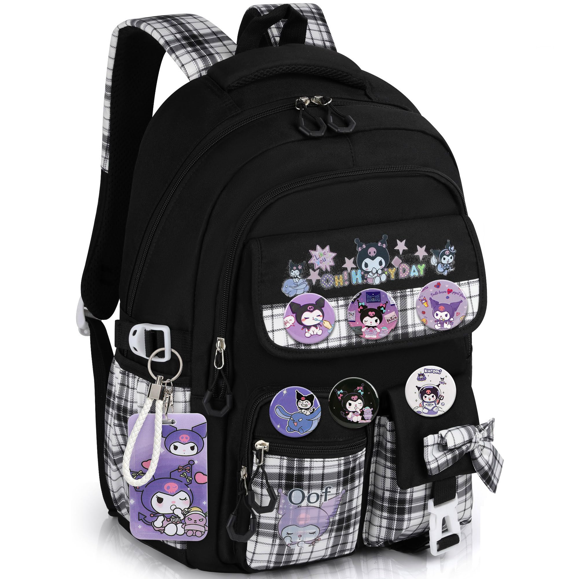Backpack for Girls with Accessories - Anime Schoolbag Cartoon Backpack Laptop Bookbags Anti-Theft Travel Aesthetic New Semester Gifts Bag with ID Badge Holder, Pins, Stationery - Black,