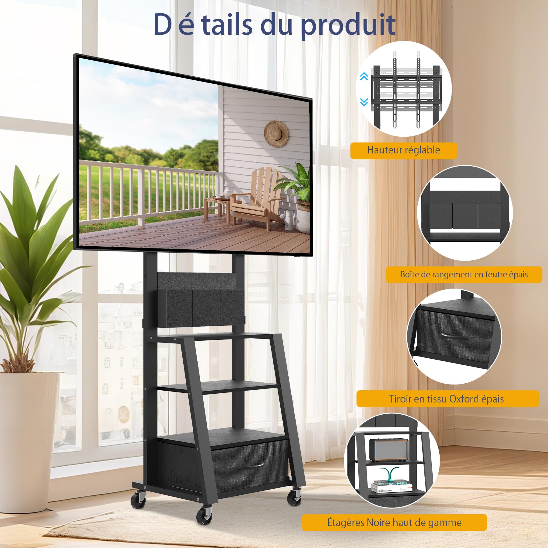 Support TV à roulettes avec tiroir et 3 Niveaux, Plats/incurvés de 23"-60" LCD/LED/OLED. Hauteur réglable Chariot TV Mobile avec roulettes pour Maison, Bureau l'extérieur. VESA Max 400 x 400 mm, Noir