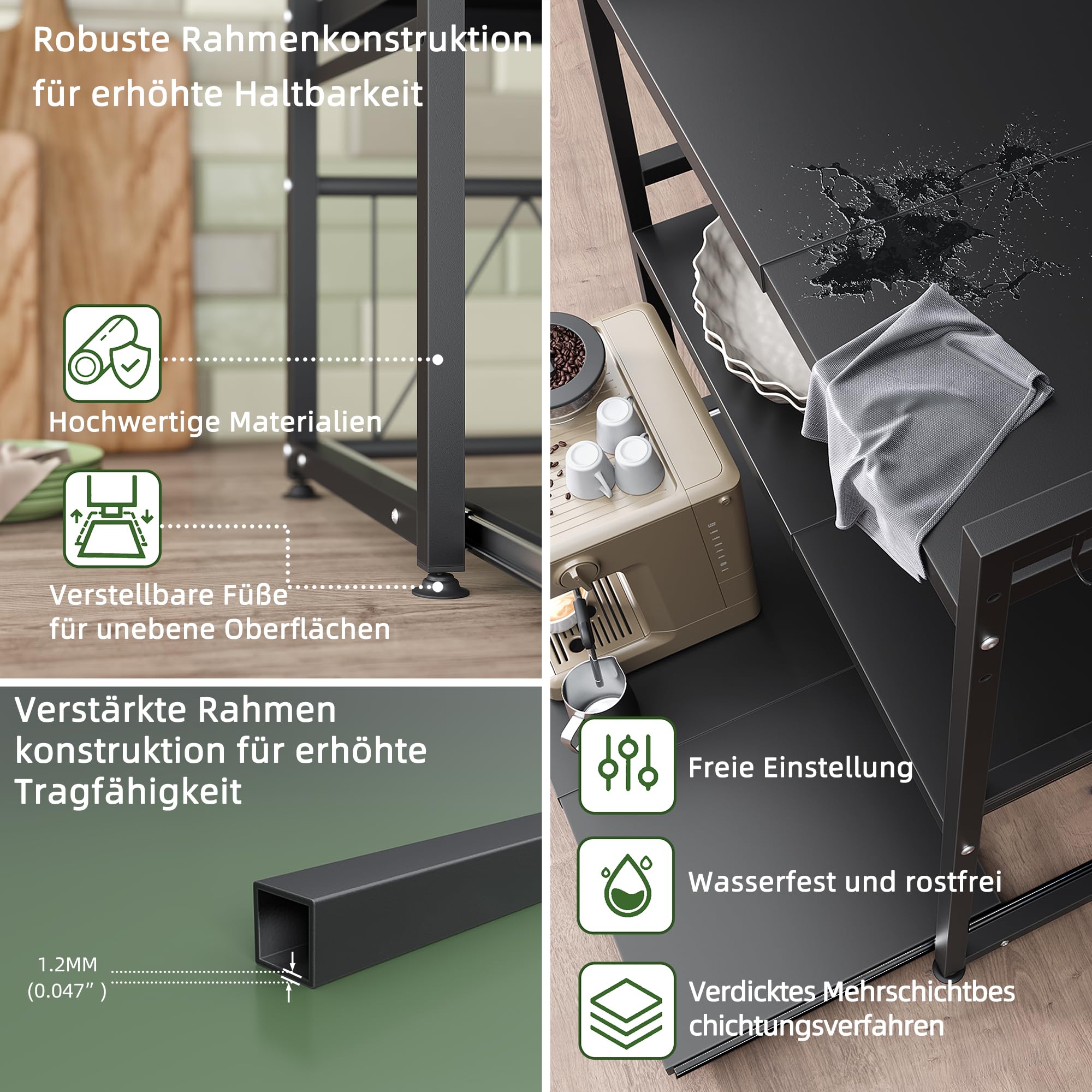 NETEL Erweiterbares Mikrowellen Regal mit schublade,2 stufig küchenregal | Regal küchen organizer für Backofen,kaffeemaschine&aufbewahrung,Robuster Kohlenstoffstahl,8 Haken,2 stufig,Schwarz