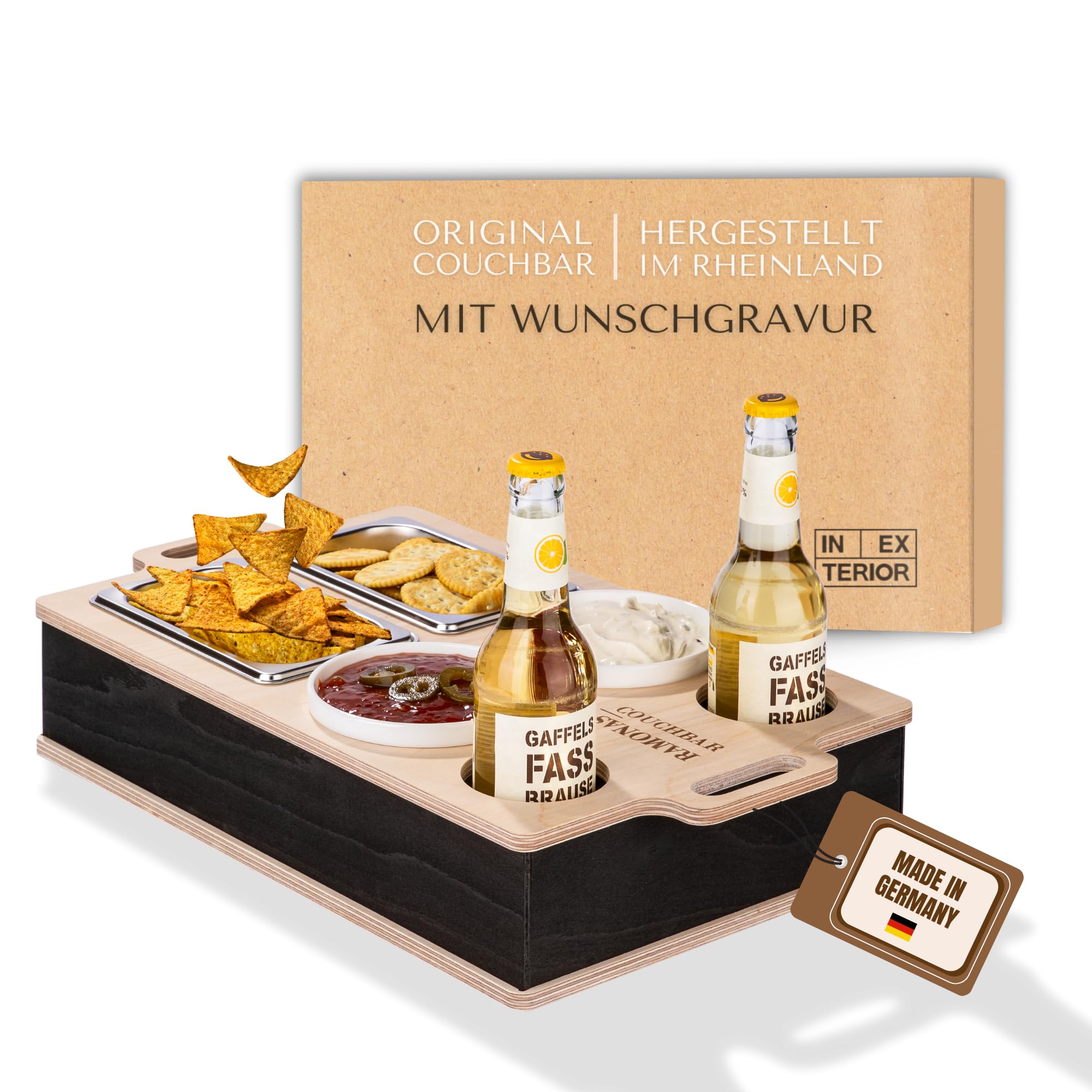 INEXTERIOR CouchBar Double - PERSONALISIERBAR - handgefertigt in Deutschland - Snackschalen und Flaschenhalter - Couchbutler couchorganizer Sofaorganizer Sofaablage Tablett Couchbutler (Design 2)