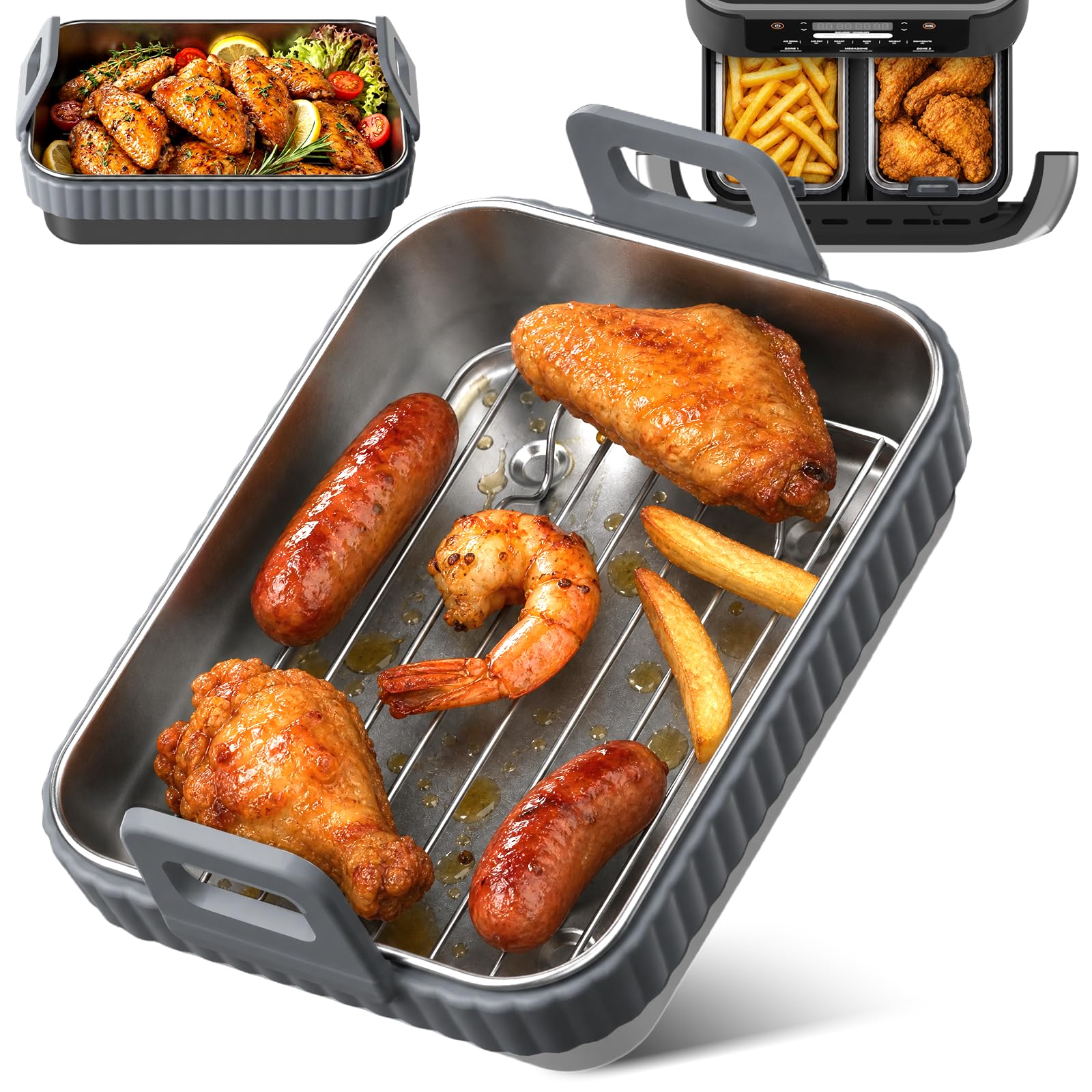1 Pack Air Fryer Liner with Removable Silicone Ring, Reusable Air Fryer Liners Compatible with Ninja AF400EU/AF500EU/SL400EU,COSORI Dual Basket,Heat Resistant, Dishwasher Safe(Stainless steel)