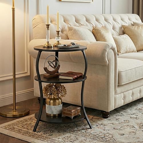 Miniatura 2 de Mesa auxiliar redonda, mesa auxiliar de cintura de 3 niveles con estante de almacenamiento, mesas auxiliares para sala de estar, mesa redonda de