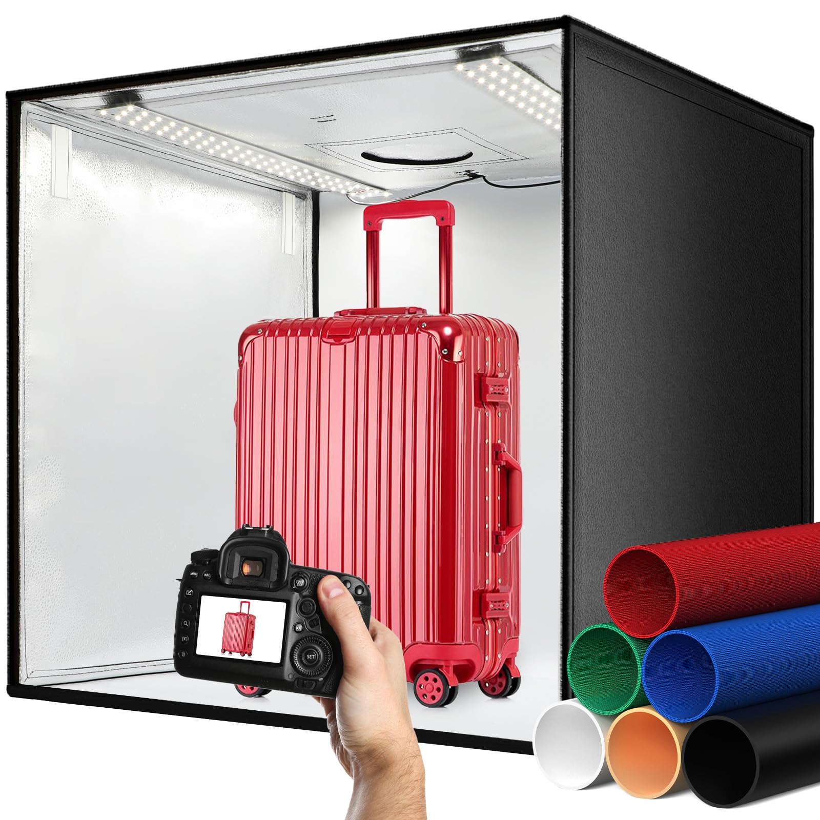 RALENO Scatola Fotografica 50x50cm Con Luci LED Regolabili - Kit Completo Con 6 Fondali E Tenda Pieghevole