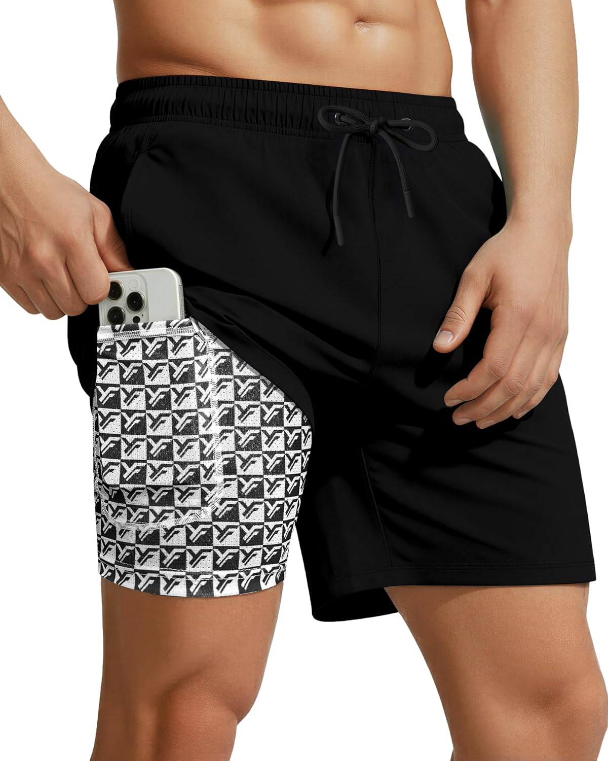 7 Inch Men Swim Trunks with Compression Liner Quick Dry Drawstring Male Swimtrunks for Beach Summer Water Park