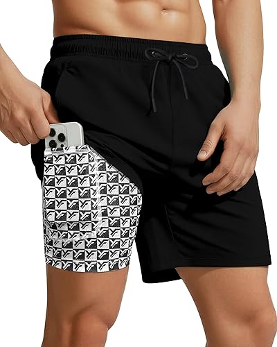 7 Inch Men Swim Trunks with Compression Liner Quick Dry Drawstring Male Swimtrunks for Beach Summer Water Park