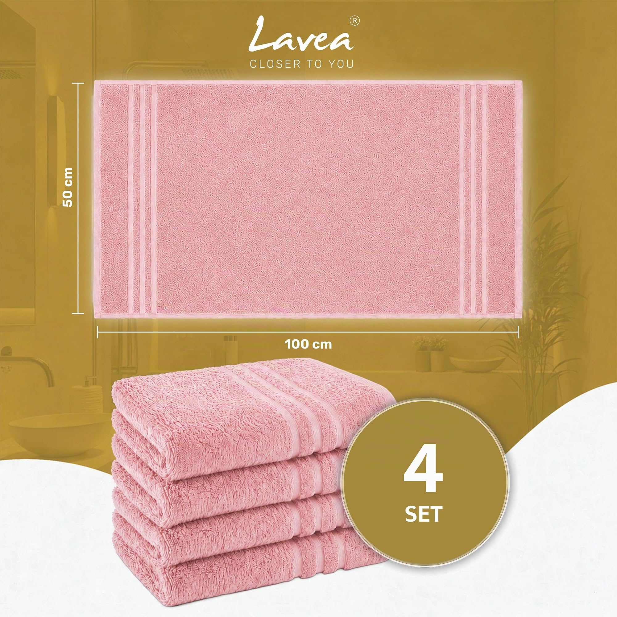 Lavea® Asciugamani Viso 50x100 cm – Set da 4 in Spugna di Cotone 100% Morbidi e Assorbenti – Ideali come Asciugamani Bagno e per le Mani per Casa, Hotel e Spa – Rosa pastello