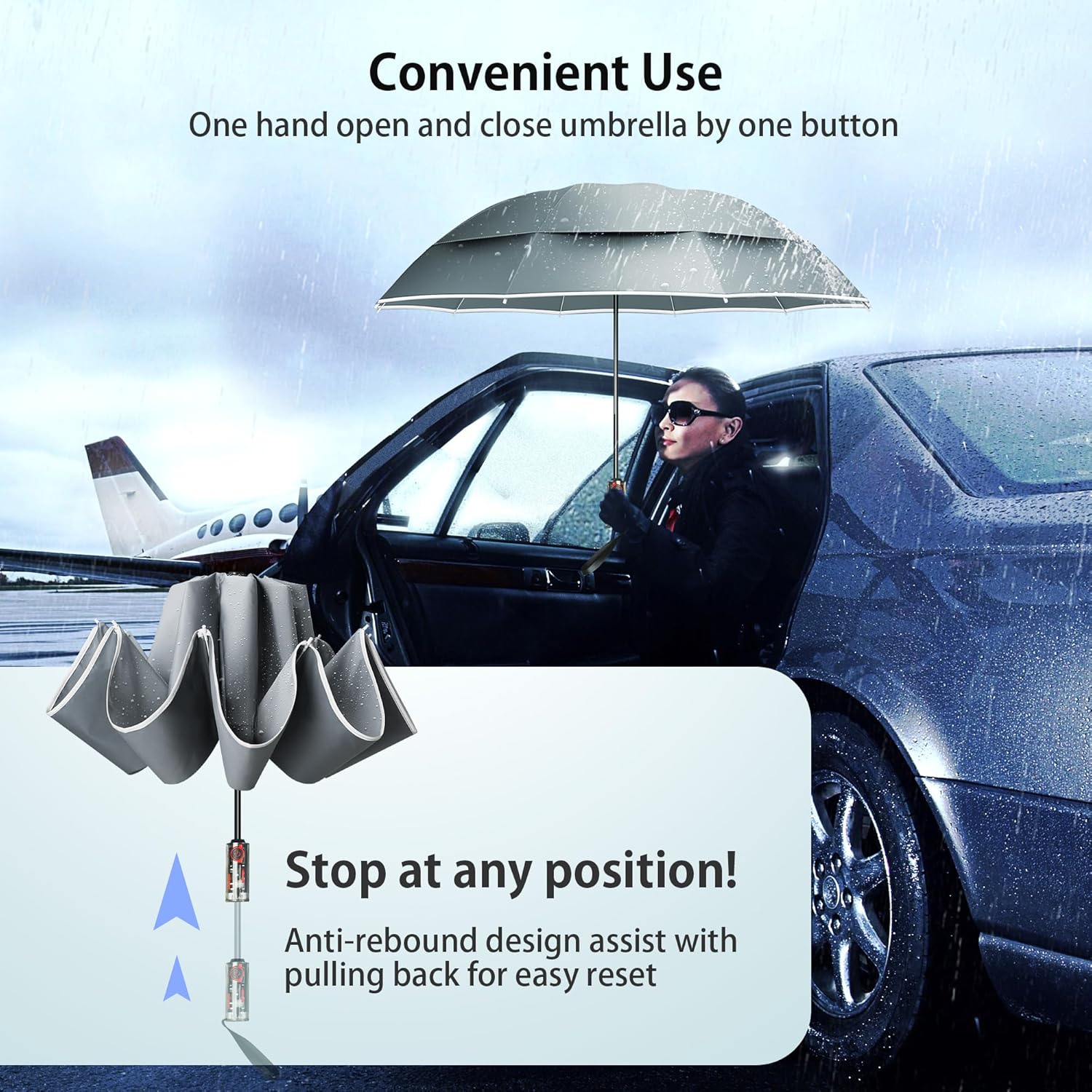 Urvoix Compact Golf Umbrellas Windproof, Travel Umbrella for Rain, 10 Ribs Aluminum Alloy & Fiberglass w/Reflective Stripe, Double Canopy Automatic Anti-bounce Close - Image 3