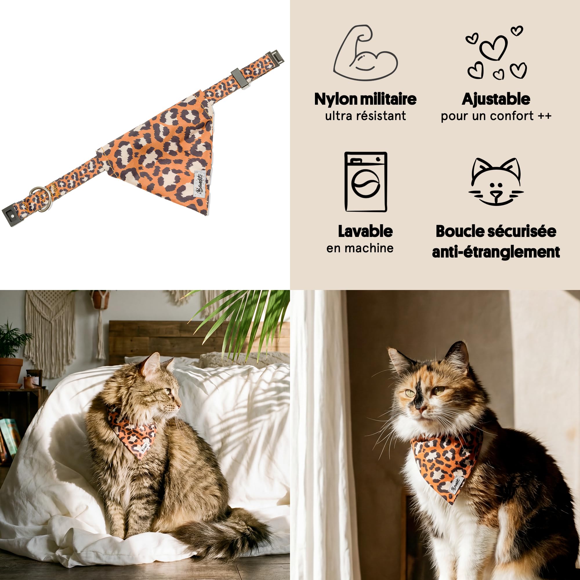 Bandit - Bandana pour Chat - Taille S - Jungle Chic - Tour de Cou 24-28cm - Boucles Anti-étranglement en Plastique - Foulard en Nylon résistant et Doux - Confortable, Durable et Lavable en Machine