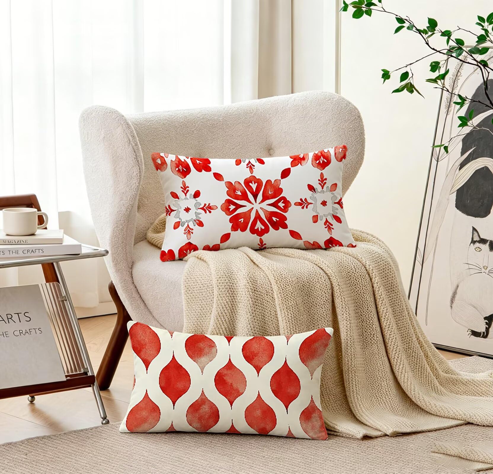 Rot Kissenbezug 60x80 Geometrie Kopfkissenbezug 2er Set,Wohnaccessoires & Deko,Weich und Atmungsaktiv Samt Stoff mit Verstecktem Reißverschluss für Bett Sofa Kissen Dekokissen-85755