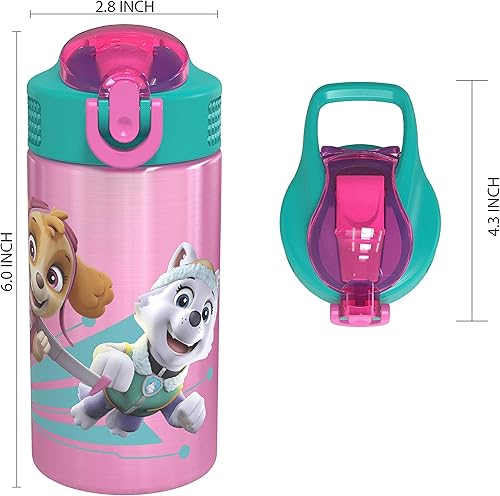 Miniatura 4 de Zak Designs - Botella de agua de acero inoxidable 18/8, para niños, con boquilla tipo pajilla abatible, diseño duradero de Paw Patrol Skye, sin