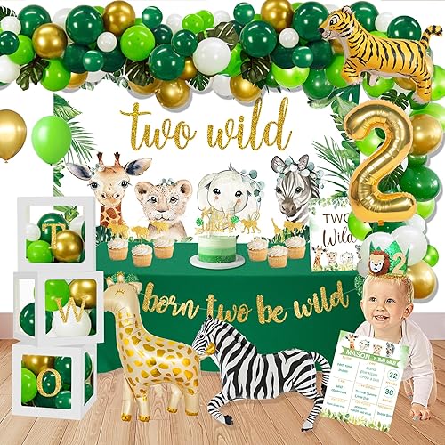 Miniatura 5 de YSHMFEUX Dos decoraciones de cumpleaños salvajes, suministros de fiesta de segundo cumpleaños con temática de selva, decoraciones de segundo