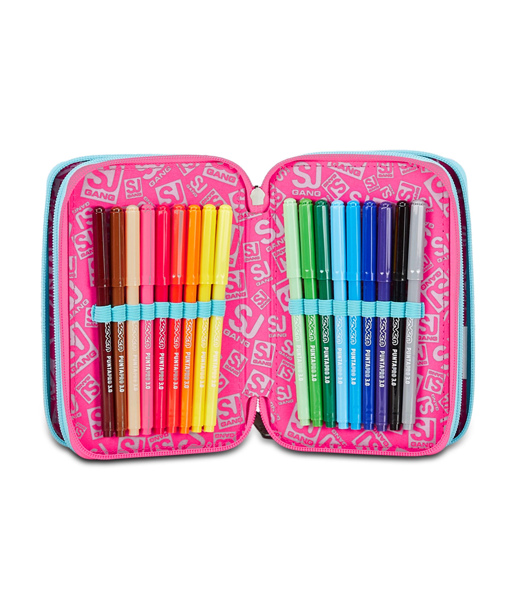 SJ Gang Astuccio Scuola 3 Zip, Rosa, Pinkfur, Portapenne Triplo Scomparto Completo Di Penne, Matite, Colori, Accessori Zaino, Elementari, Medie, Bambina, 30C202431-5C1