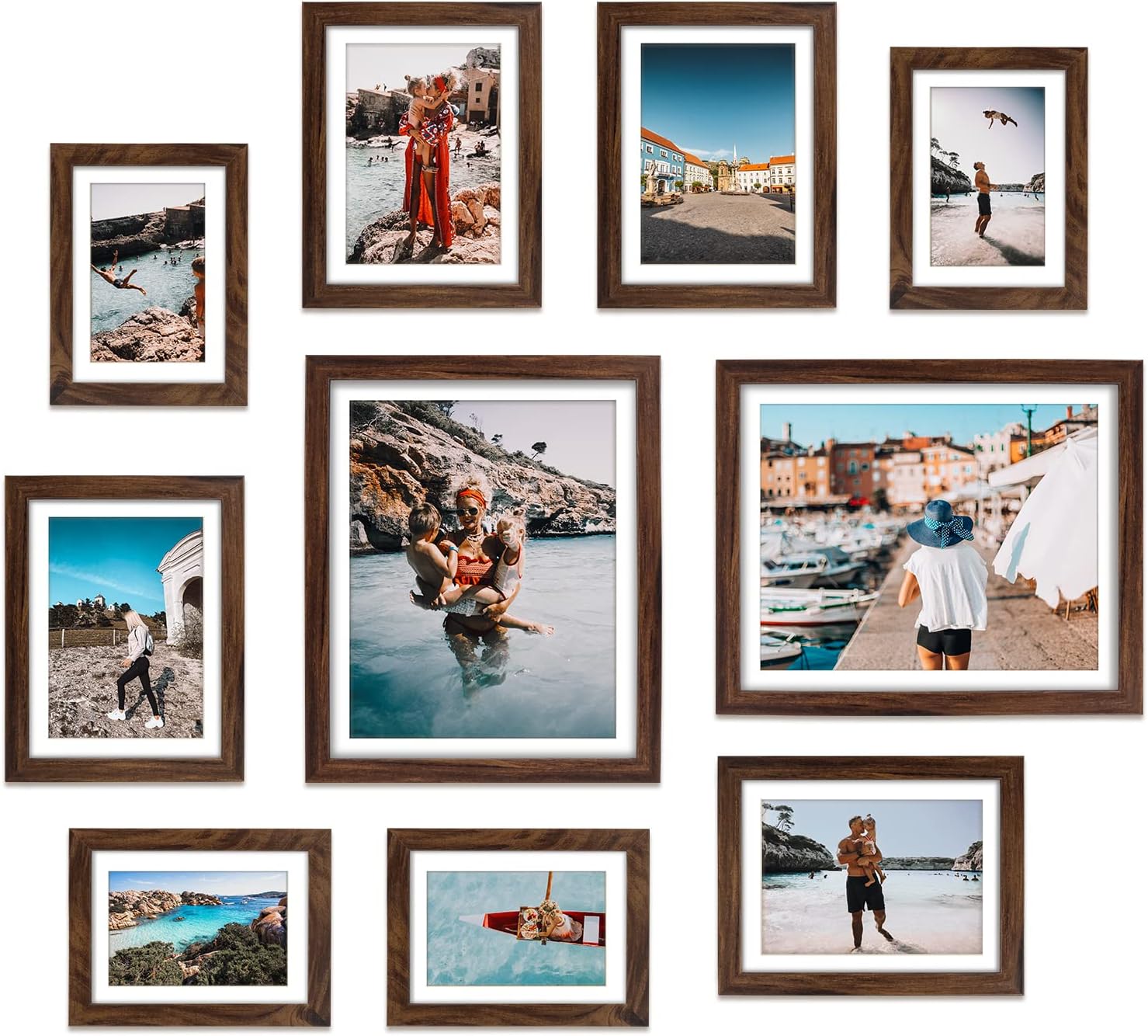 Giftgarden Brown Photo Frames with Mat for Multiple Sizes Photos, Four 4x6, Four 5x7, Two 8x10, Assorted Gallery Frame Collage for Wall or Tabletop, Set of 10