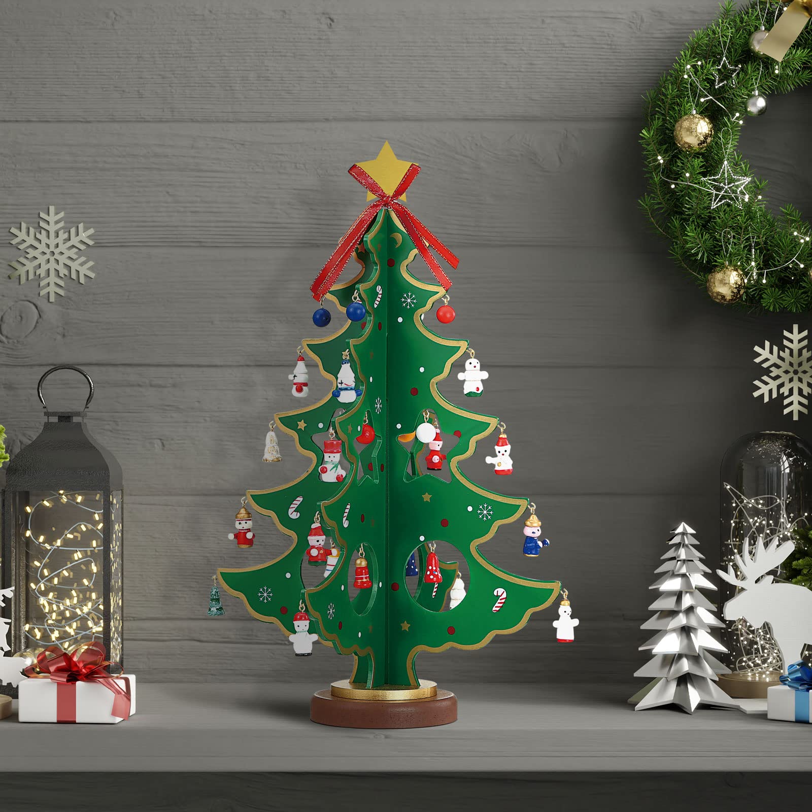 LEMESO Calendario de Adviento Árbol de Navidad Madera 3D con 24 Decoraciones Colgantes 35,5cm