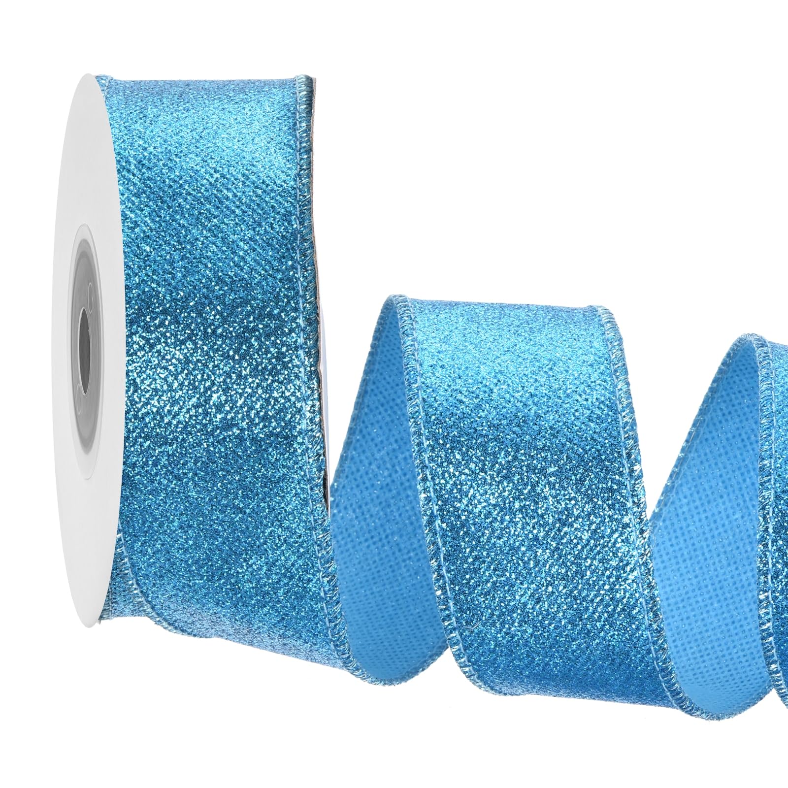 sourcing map 1.6 Inch/4cm Glitter Wired Ribbon, Blue Sparkly Iridescent Ribbon 10 Yard for Christmas Tree Wreath Decoration Gift Wrapping, with Metallic Edge