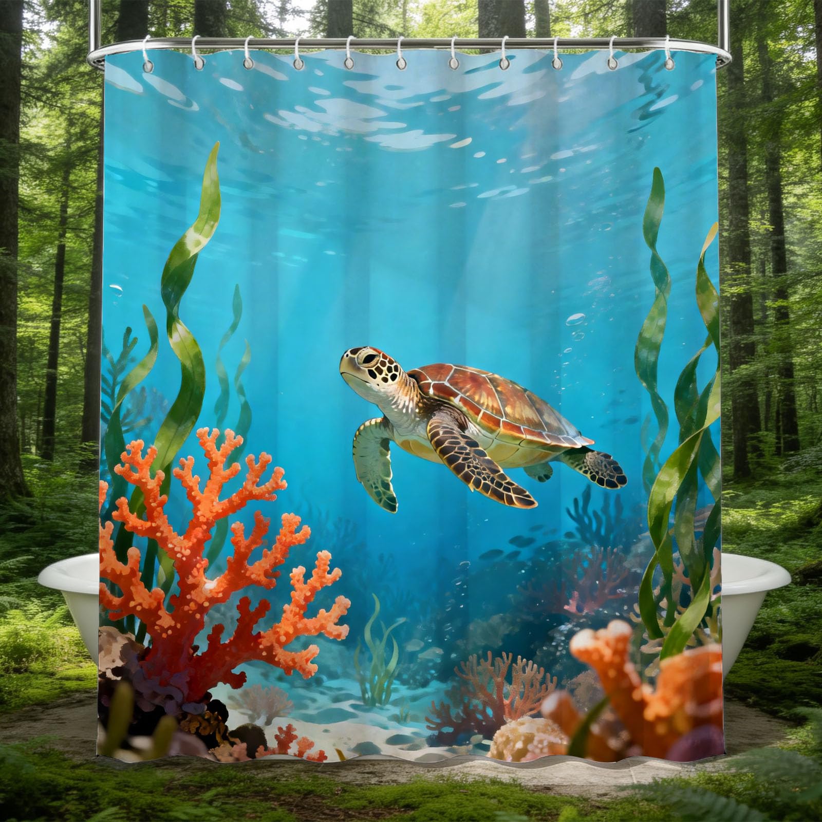 Hongduo 3D the Underwater World Shower Curtain for Stalls Bathtubs Coral Bathroom Decor Shower Curtain Set Polyester Fabric Waterproof 200x200cm/79X79 Inch with Hooks