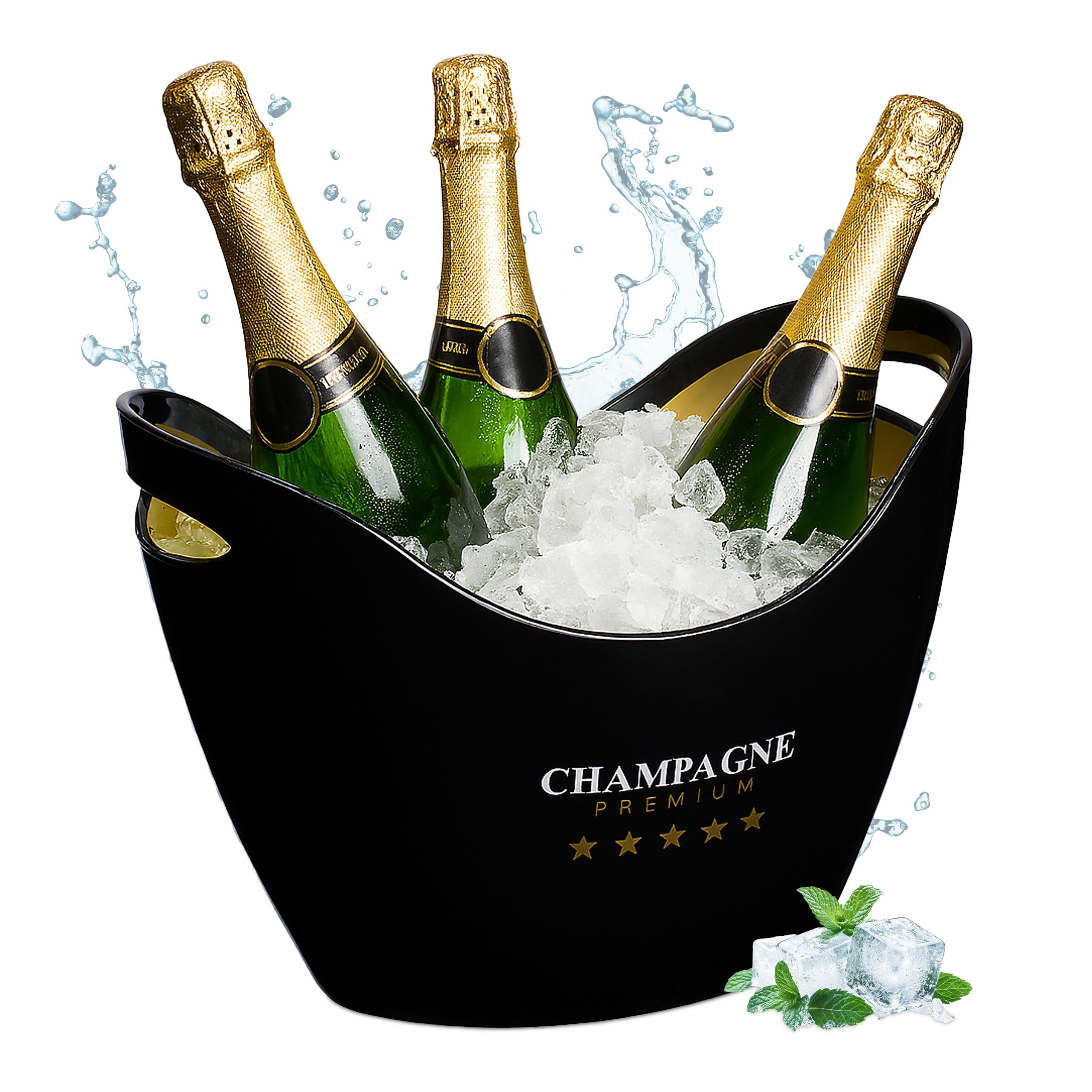 Relaxdays Ice Bucket, Champagne Cooler, Wine Bottle Chiller, 8 Litres, for Parties, HWD: 25.5 x 35 x 25.5 cm, Black/Gold