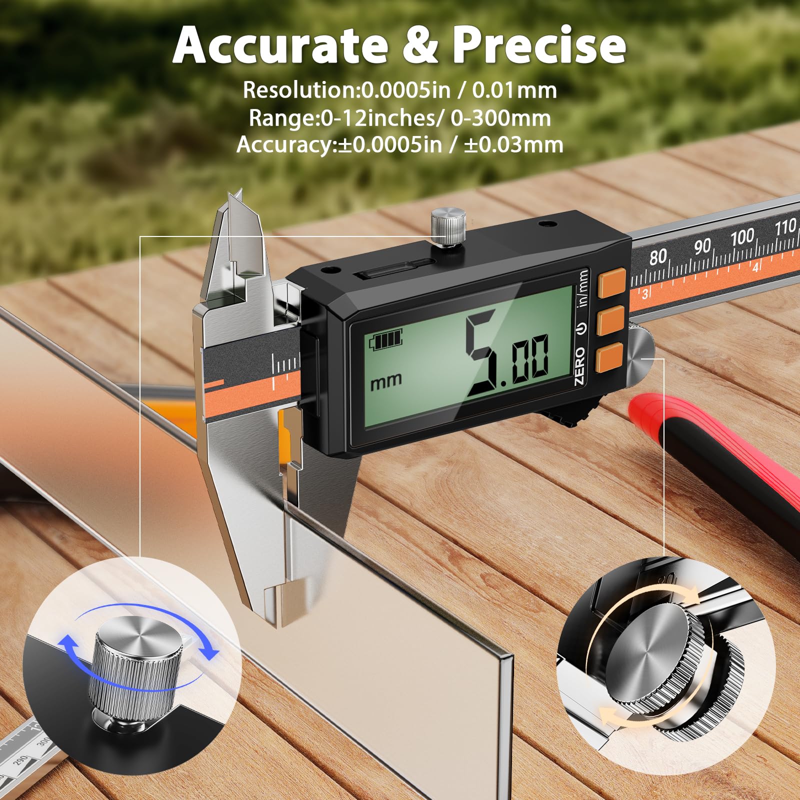 Preciva Calibre Digital 300mm Recargable USB-C, Pie de Rey Electrónico de Acero Inoxidable con Pantalla LCD, Medición 0-12" / 0-300 mm Alta Precisión para Interior, Exterior y Profundidad