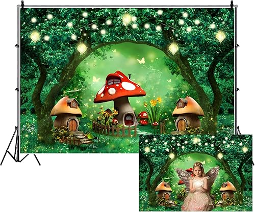Miniatura 1 de Renaiss Telón de fondo de fotos de bosque encantado de 7 x 5 pies, tela de poliéster, cuento de hadas, árbol mágico, casa de hongos, país de las