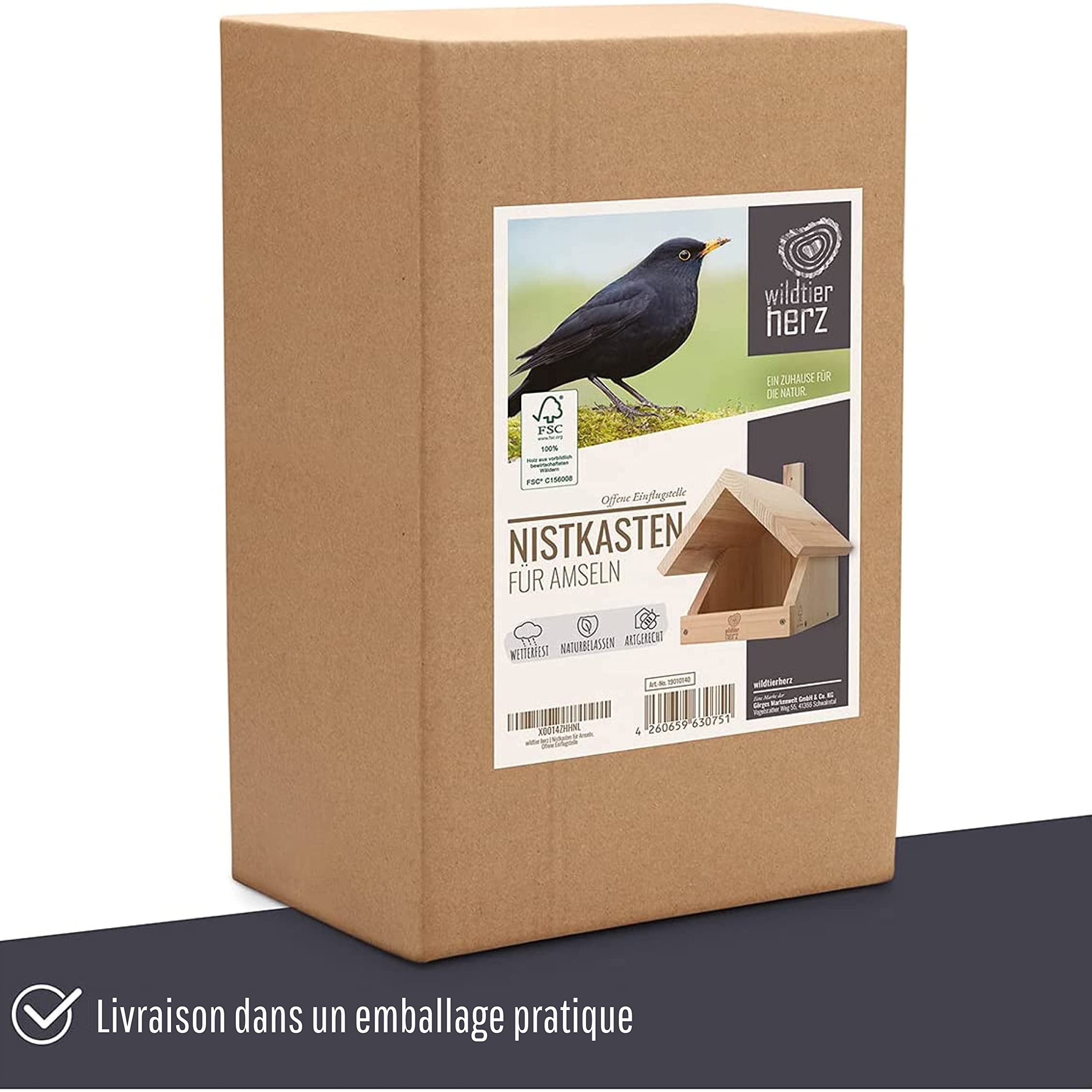 Wildtier Herz I Nichoir pour Merle en Bois Massif Vissé - Résistant Aux Intempéries & Non Traité - Maison pour Oiseaux Semi-cavernicoles - Nichoir Oiseaux Exterieur Premium - Nichoir Mesange.