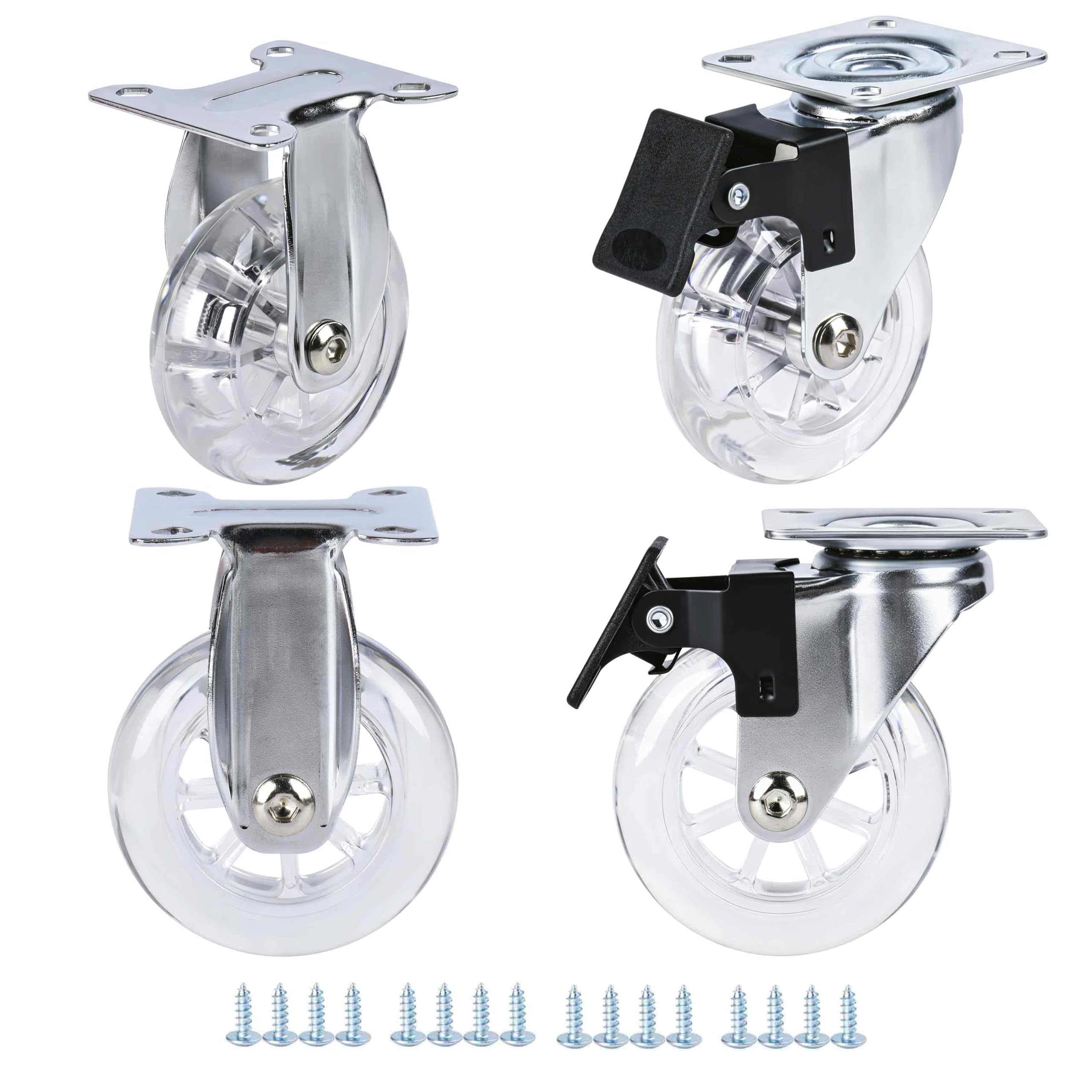 Nfbcxutkw 2 With Brake+2 Rigid Clear 3" Caster Wheels Set Of 4, Pu Casters 2 Fixed 2 Brake For Furniture