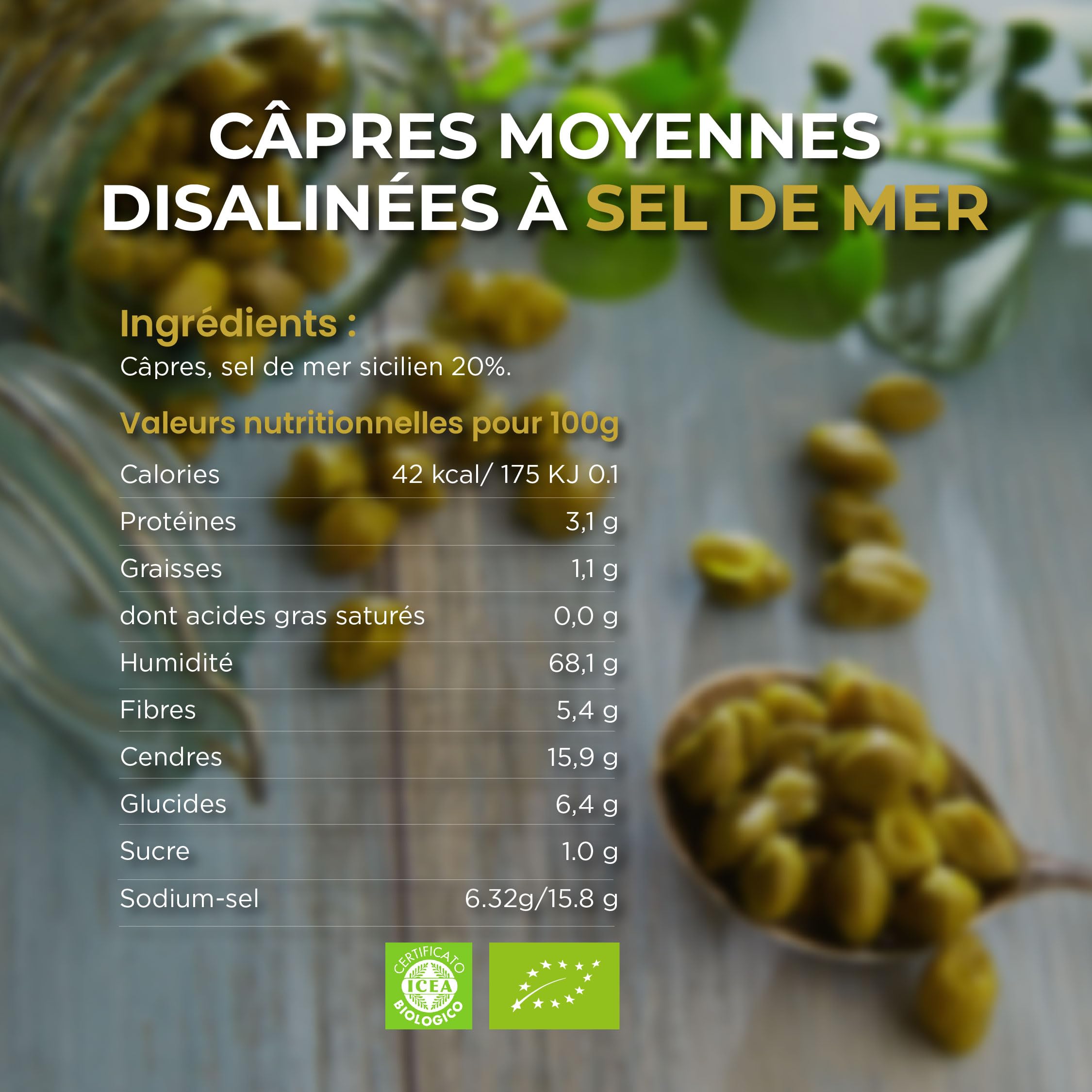 Câpres moyennes au sel - Câpres des îles Éoliennes d'Italie - Sans gluten - 250gr (2 Pièces = 500 Gr)