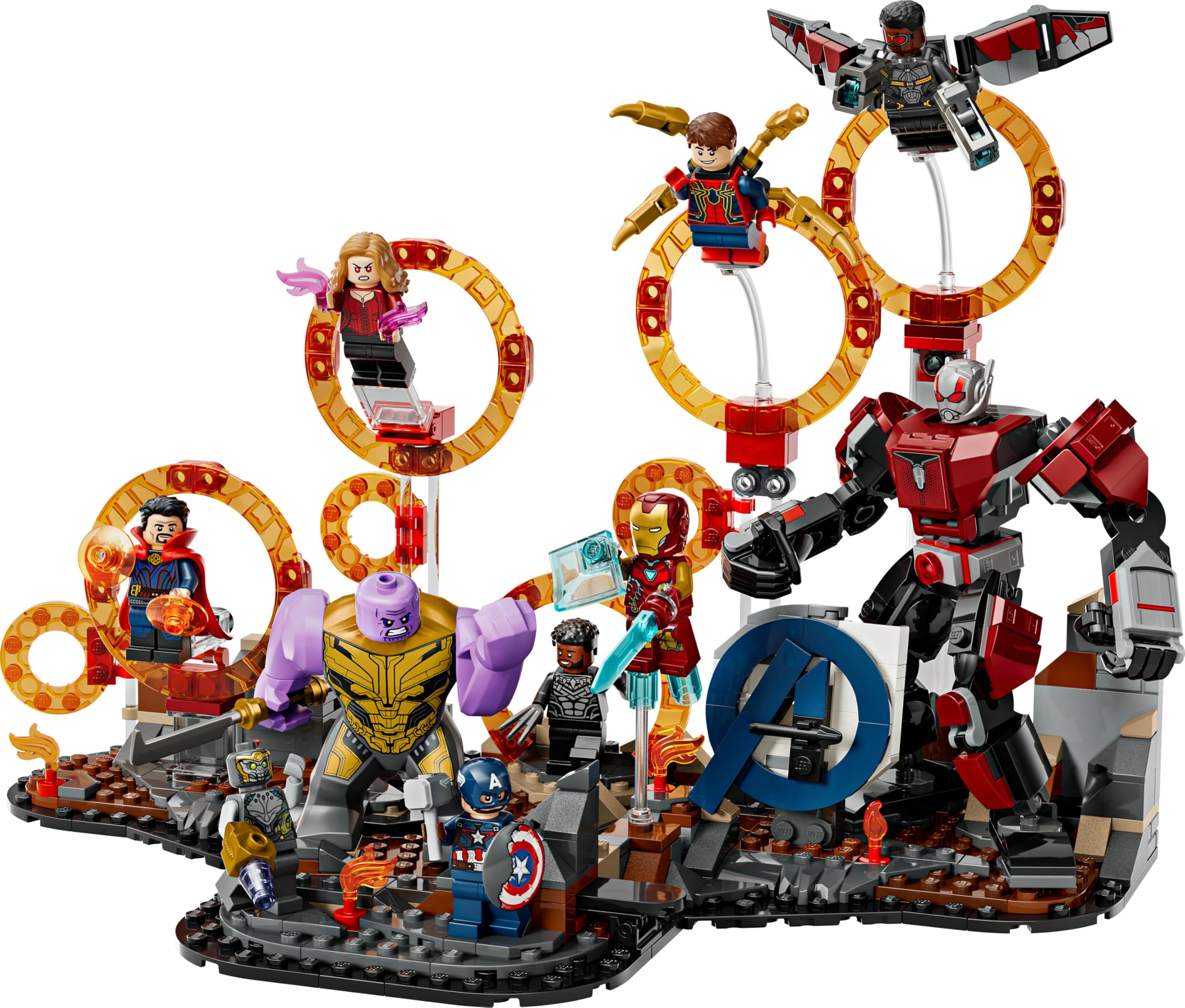 LEGO Marvel Batalla Final de Vengadores: Endgame, Juguete de Superhéroes, Figura de Thanos, Meca de Ant-Man y Minifiguras de Iron Man, Capitán América y Black Panther, Regalo para Niños y Niñas 76323