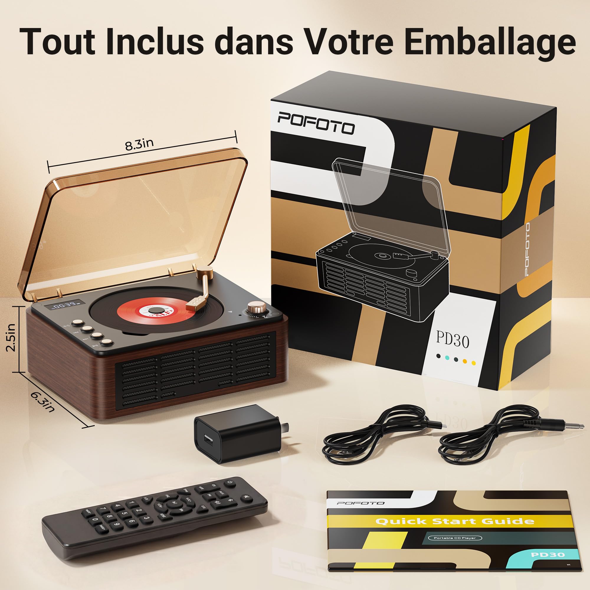 POFOTO Lecteur CD Portable Multifonction, Enceinte Bluetooth Rétro, Batterie Rechargeable 3600mAh, avec Radio FM/Preset EQ/USB/AUX, Écran LCD, Double Haut-Parleur, Télécommande – Maison ou Cadeau