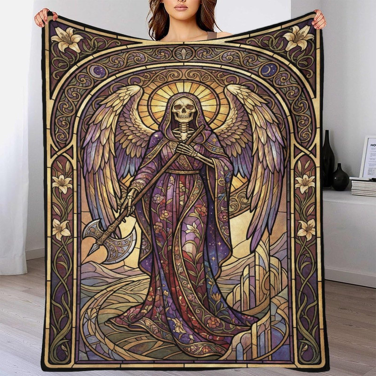 H3B8U2Y5 Art Nouveau Skull Grim Reaper Flannel Throw Blanket, Couch TV Time